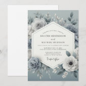 Slate Blue Floral Romantic Wedding 招待状 (正面/裏面)