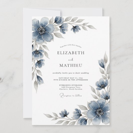 Slate Blue Floral Romantic Wedding 招待状 (正面)