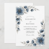 Slate Blue Floral Romantic Wedding 招待状 (正面/裏面)