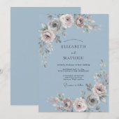 Slate Blue Floral Wedding 招待状 (正面/裏面)
