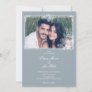 Slate Blue French Country Wedding Photo Invitation 招待状