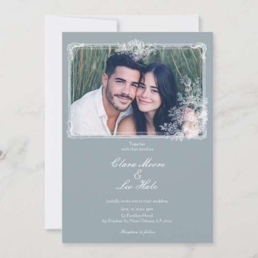 Slate Blue French Country Wedding Photo Invitation 招待状 (正面)