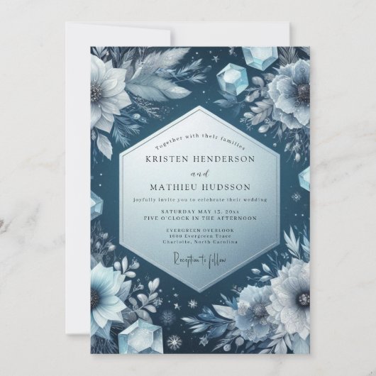 Slate Blue Frost Bloom Wedding 招待状 (正面)