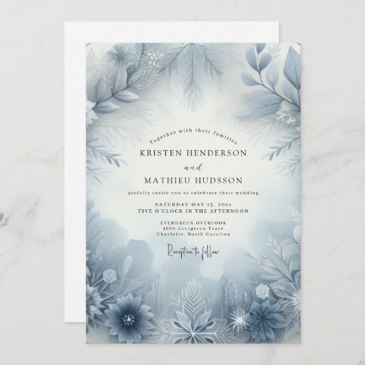 Slate Blue Frosty Bloom Wedding 招待状 (正面/裏面)