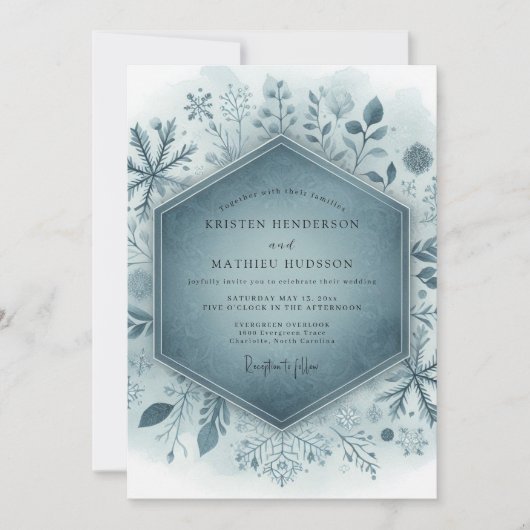 Slate Blue Frosty Floral Wedding 招待状 (正面)