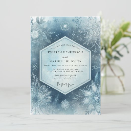 Slate Blue Frosty Woodland Wedding 招待状 (スタンド正面)