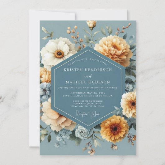 Slate Blue Golden Bloom Wedding 招待状 (正面)