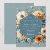 Slate Blue Golden Bloom Wedding 招待状 (正面/裏面)
