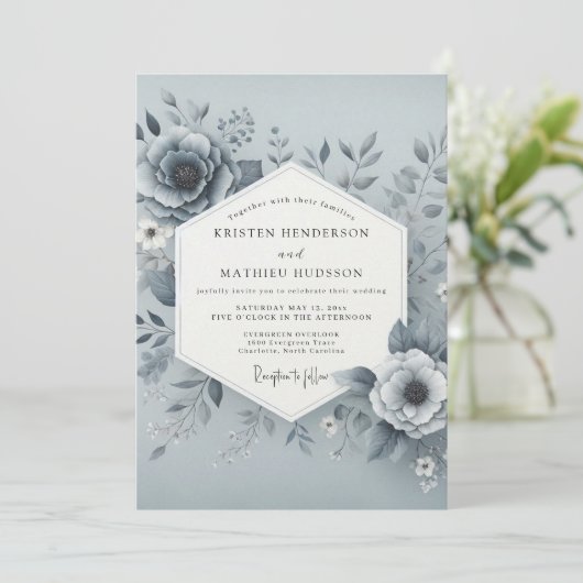 Slate Blue Hazy Bloom Wedding 招待状 (スタンド正面)