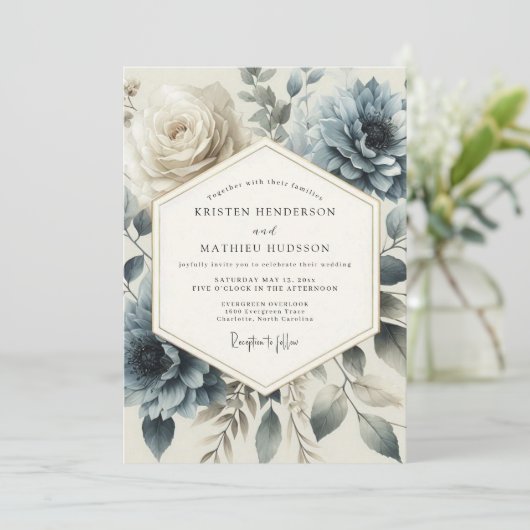 Slate Blue Heirloom Bloom Wedding 招待状 (スタンド正面)