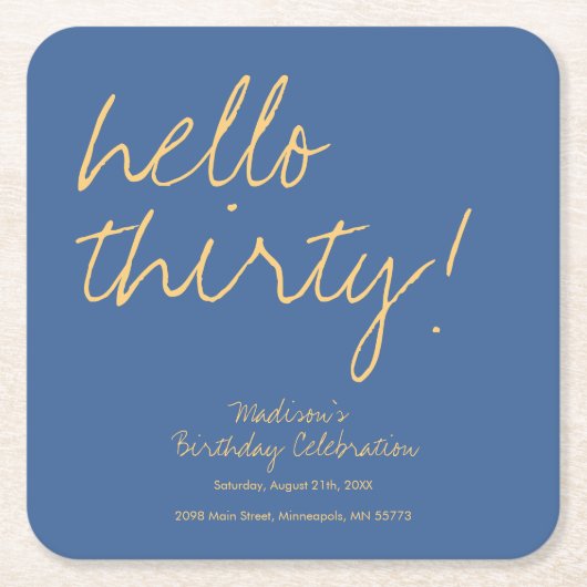 Slate Blue Hello Thirty 30歳の誕生日 カスタムパーティー スクエアペーパーコースター (正面)