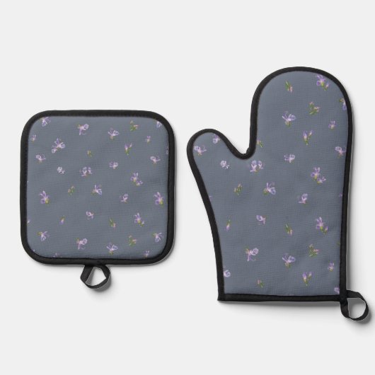 Slate Blue Japanese Rosemary Floral Pattern 鍋つかみ&鍋敷きセット (正面)