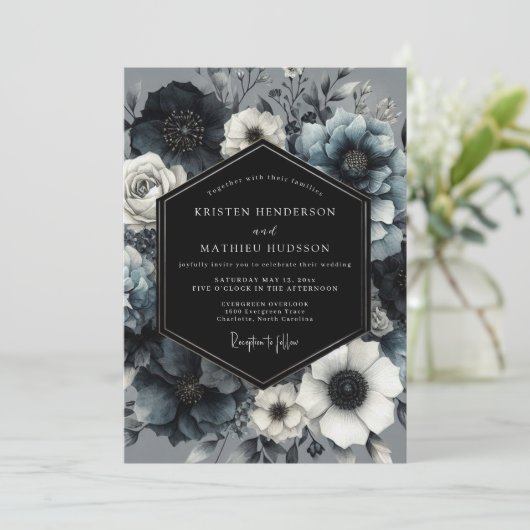 Slate Blue Midnight Bloom Wedding 招待状 (スタンド正面)