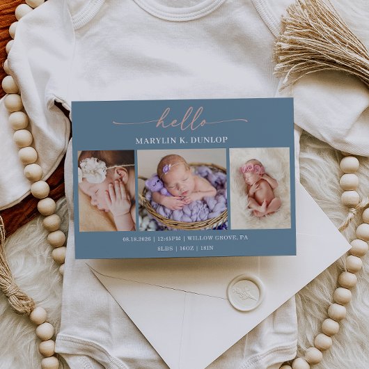 Slate Blue Minimalist Photo Baby Announcement Card 招待状