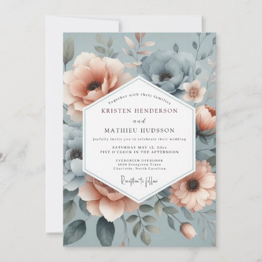 Slate Blue Misty Floral Wedding 招待状 (正面)