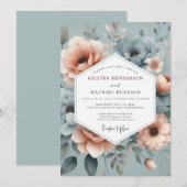 Slate Blue Misty Floral Wedding 招待状 (正面/裏面)