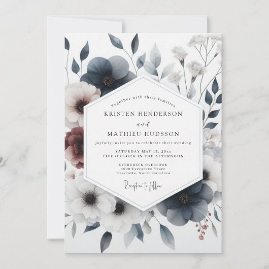 Slate Blue Moody Anemone Wedding 招待状 (正面)