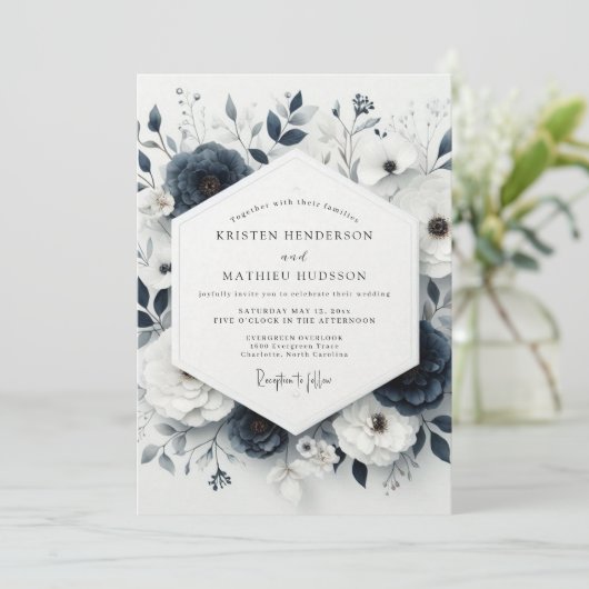 Slate Blue Moody Anemone Wedding 招待状 (スタンド正面)