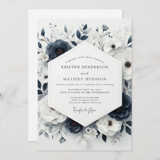 Slate Blue Moody Anemone Wedding 招待状 (正面/裏面)