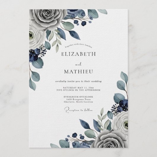 Slate Blue Moody Floral Wedding 招待状 (正面)