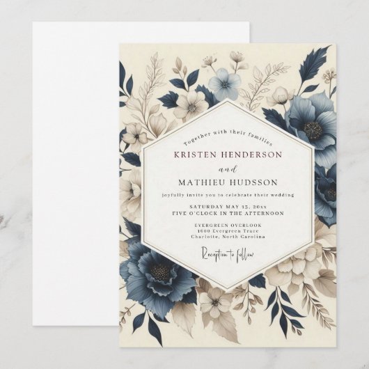 Slate Blue Muted Bloom Wedding 招待状 (正面/裏面)