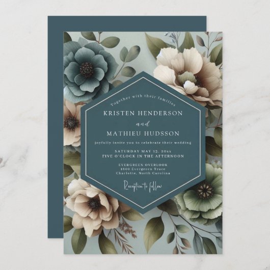 Slate Blue Muted Floral Wedding 招待状 (正面/裏面)