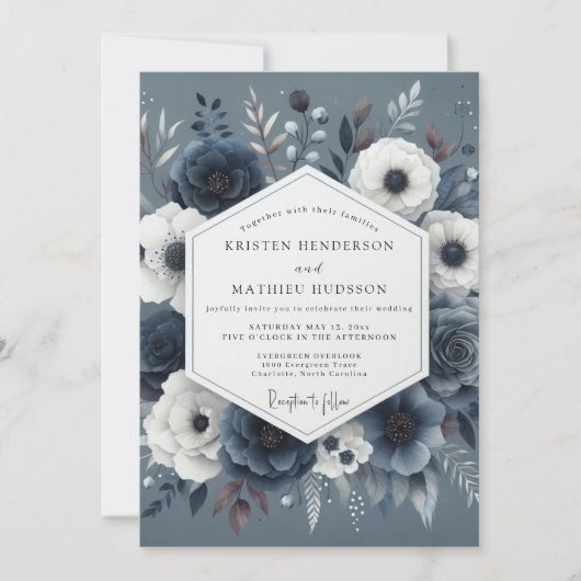 Slate Blue Nocturnal Bloom Wedding 招待状 (正面)