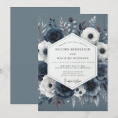 Slate Blue Nocturnal Bloom Wedding 招待状 (正面/裏面)