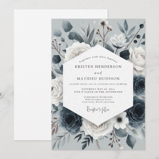 Slate Blue Nocturne Bloom Wedding 招待状 (正面/裏面)