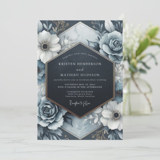 Slate Blue Opulent Bloom Wedding 招待状 (スタンド正面)