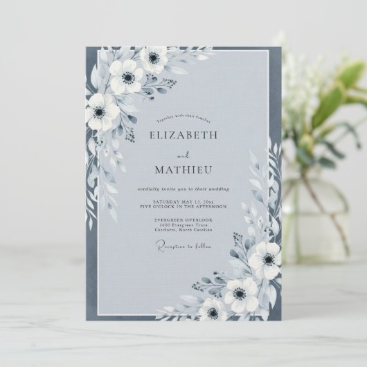 Slate Blue Painterly Anemone Wedding 招待状 (スタンド正面)