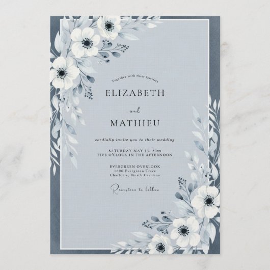 Slate Blue Painterly Anemone Wedding 招待状 (正面)