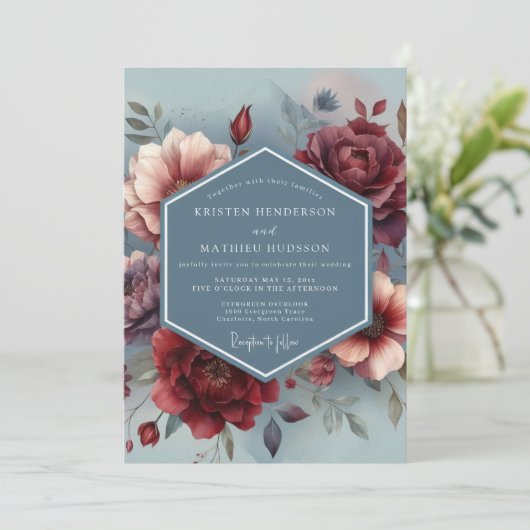 Slate Blue Painterly Bloom Wedding 招待状 (スタンド正面)