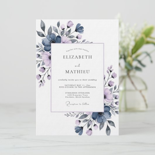 Slate Blue Painterly Flora Wedding 招待状 (スタンド正面)