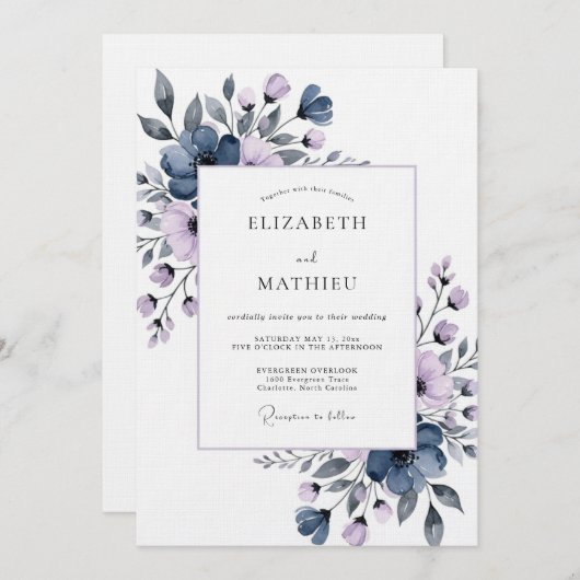 Slate Blue Painterly Flora Wedding 招待状 (正面/裏面)