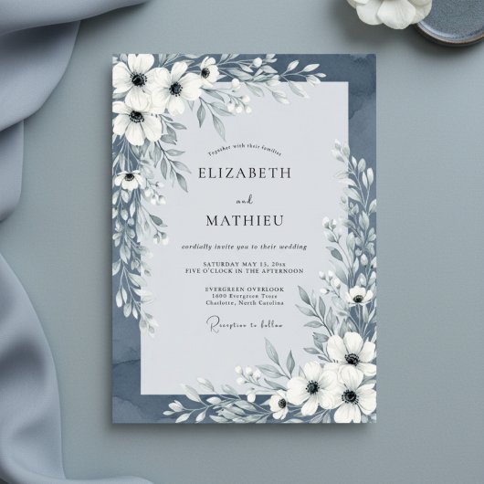 Slate Blue Painterly Floral Wedding 招待状