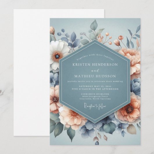 Slate Blue Pastel Bloom Wedding 招待状 (正面/裏面)