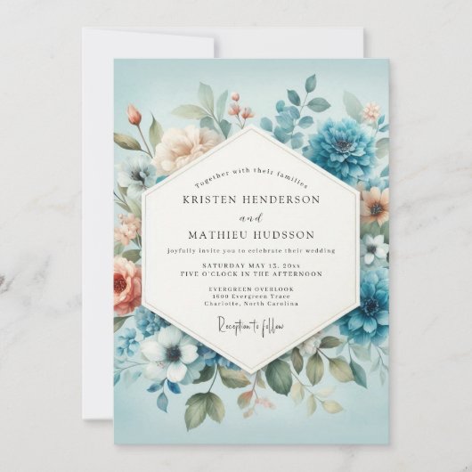 Slate Blue Peach Aquarelle Wedding 招待状 (正面)