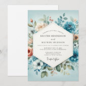 Slate Blue Peach Aquarelle Wedding 招待状 (正面/裏面)