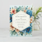 Slate Blue Peach Artful Bloom Wedding 招待状 (スタンド正面)