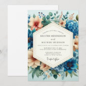 Slate Blue Peach Artful Bloom Wedding 招待状 (正面/裏面)