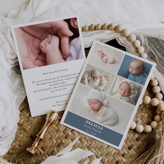 Slate Blue Photo Collage Baby Announcement Card 招待状