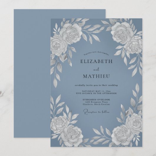 Slate Blue Radiant Botanical Wedding 招待状 (正面/裏面)
