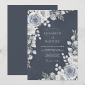 Slate Blue Rose Romance Wedding 招待状 (正面/裏面)