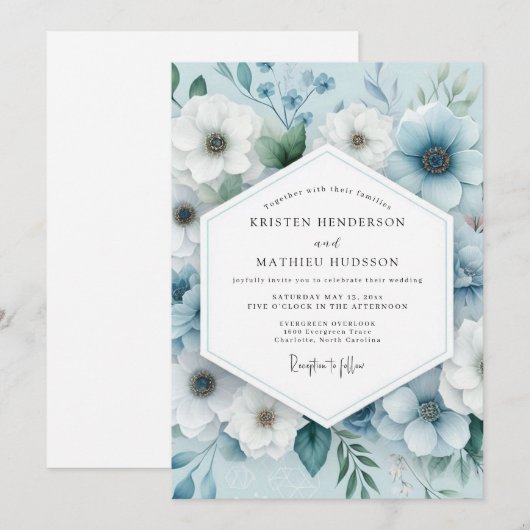 Slate Blue Serene Anemone Wedding 招待状 (正面/裏面)