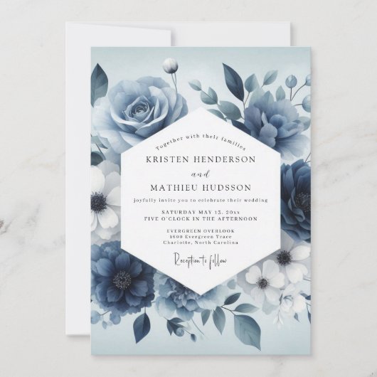 Slate Blue Serene Bloom Wedding 招待状 (正面)