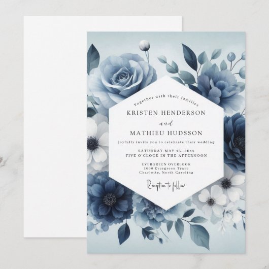 Slate Blue Serene Bloom Wedding 招待状 (正面/裏面)