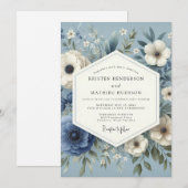 Slate Blue Serene Flora Wedding 招待状 (正面/裏面)