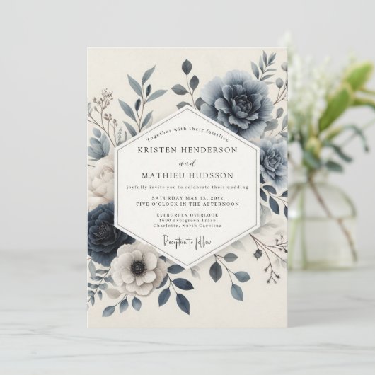Slate Blue Serene Floral Wedding 招待状 (スタンド正面)