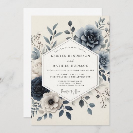 Slate Blue Serene Floral Wedding 招待状 (正面/裏面)